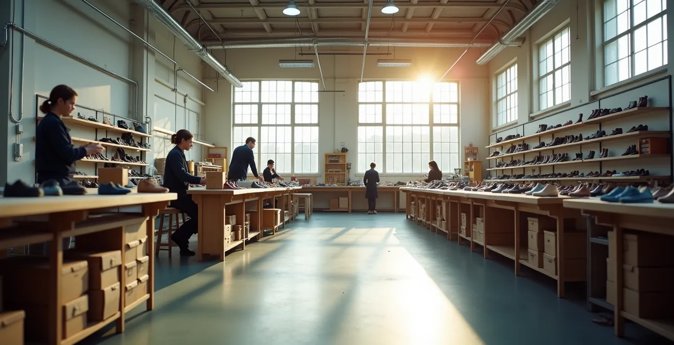 Vue d'ensemble d'un atelier de fabrication de chaussures français