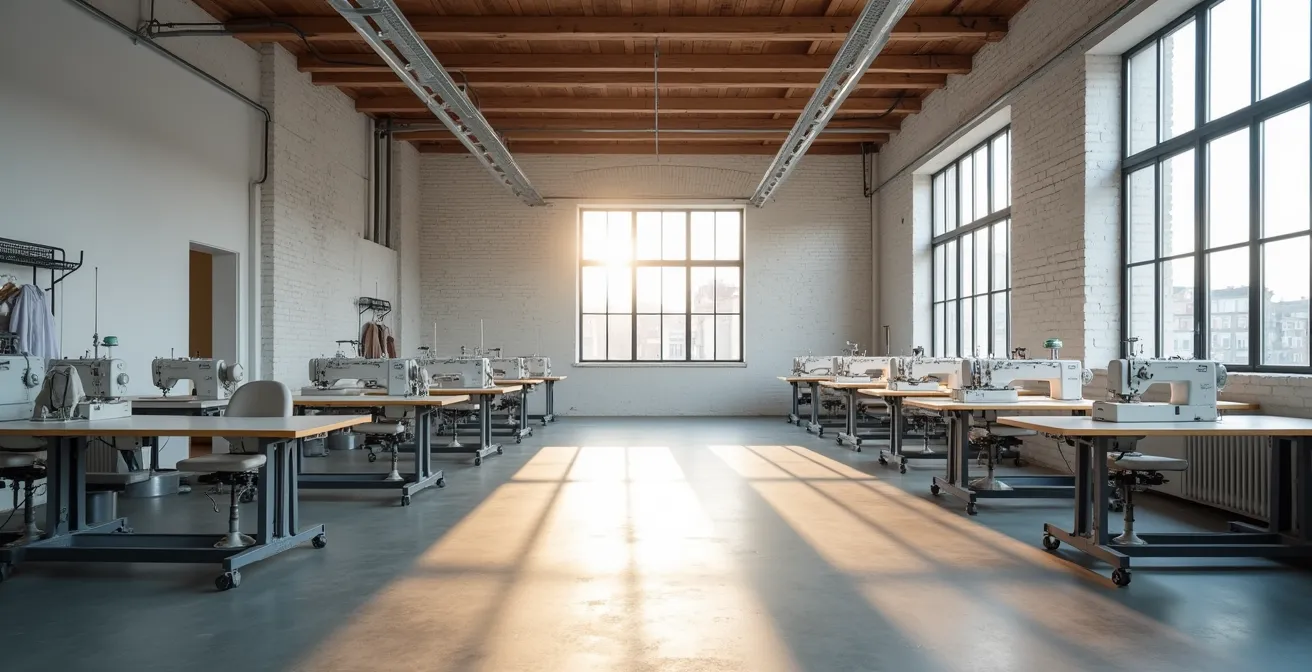 Atelier de production textile français avec machines modernes et lumière naturelle