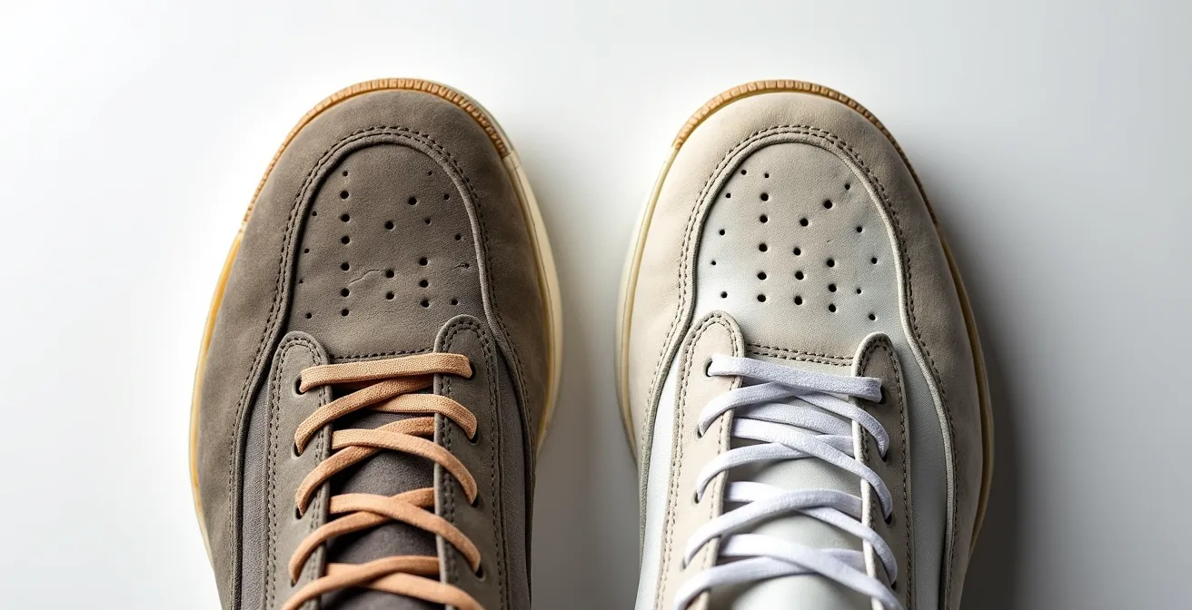 Vue comparative de deux semelles de baskets montrant l'usure différentielle