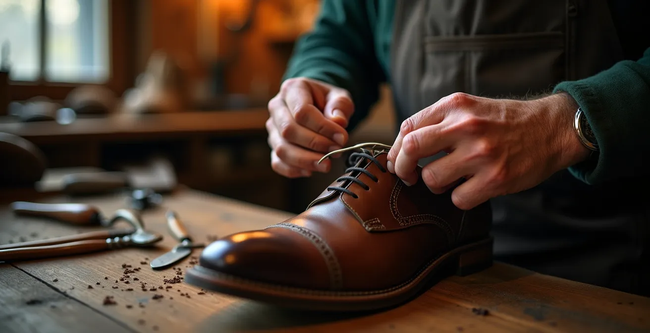 Mains d'artisan travaillant sur une chaussure en cuir avec outils traditionnels